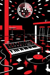 A small analog synthesizer on a sticky nightclub floor under a mirror ball, a single 45 rpm record spinning beside it.
