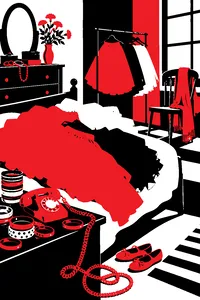 A thrift-store bedroom exploding with color: mismatched bangles, a telephone with a tangled cord, and a pile of bright tulle skirts.