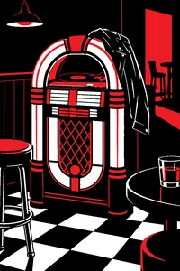 A jukebox glowing in a dark bar, a black leather jacket slung over it and a dime resting on its glass.