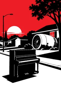 A lone upright piano on a suburban street at dusk, a jet engine lying in a front yard behind it.