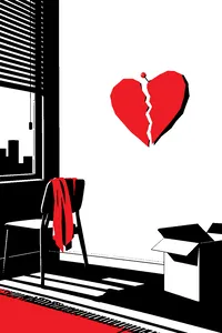 A torn paper heart pinned to an empty apartment wall, morning light through half-drawn blinds.