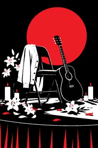 A cardigan draped over a folding chair on a small stage strewn with lilies and candles, an acoustic guitar leaning on it.