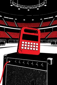 A cracked red Speak and Spell toy sitting on a guitar amp in an empty arena.