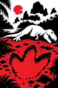 A giant footprint pressed into jungle mud beside a fallen T. rex model with rabbit-fur texture, misty Skull Island cliffs behind.
