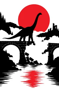 A long-necked brontosaurus model standing on a collapsed stone bridge over a foggy river in old sepia tones.