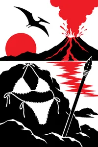 A fur bikini draped over a volcanic boulder beside a stone spear, a pterodactyl circling an erupting volcano.