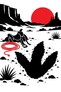 A cowboy lasso and a dusty saddle lying in a Mexican desert valley beside a huge three-toed dinosaur footprint.