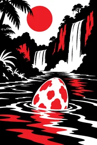 A large dinosaur egg floating down a jungle river past waterfalls and tropical cliffs.