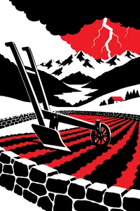 A small stone-walled farm field in a mountain valley with a tiny wooden plow sized for a giant, and a thunderstorm on the horizon.