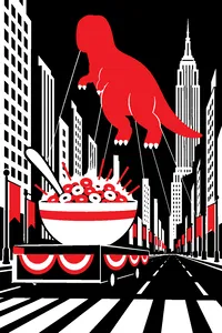 A bowl of glowing cereal on a parade float above a Manhattan avenue, a giant dinosaur balloon tethered nearby.