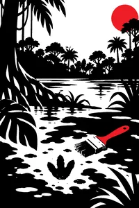 A tiny baby brontosaurus footprint in the mud of an African rainforest swamp beside a dropped paleontologist's brush.