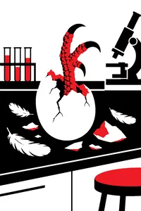 A cracked hen's egg on a laboratory counter with a scaly dinosaur claw poking out, chicken feathers scattered around.