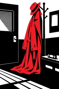 A green dinosaur-sized trench coat and fedora hanging on a police precinct coatrack beside a VHS tape.