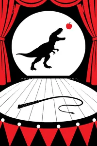 An old vaudeville stage with a ringmaster's whip on the boards and a hand-drawn dinosaur projected onto a screen, an apple in midair.
