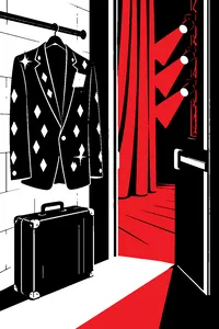 A rhinestone-studded suit on a hanger beside a packed suitcase by a stage door, a legal envelope tucked in the pocket.