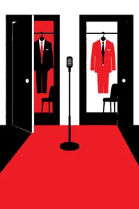 Two dressing room doors side by side, one ajar, matching suits hanging behind each, a single shared microphone on a stand in the hallway.
