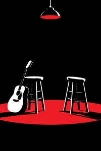 Two stools on an empty stage turned slightly away from each other, an acoustic guitar leaning on one, a dim neon glow overhead.