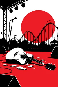 A smashed acoustic guitar on a small amusement park stage, a roller coaster silhouette behind it.