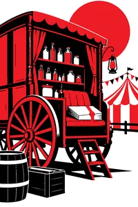 A vintage carnival medicine wagon with bottles of fake tonic, and a thick music publishing contract on the seat.