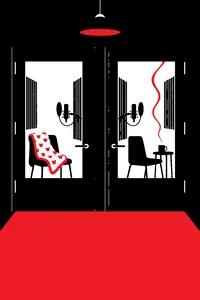 Two separate vocal booths with their doors closed, a crib-sized baby blanket on one chair and a thin trail of smoke from the other.