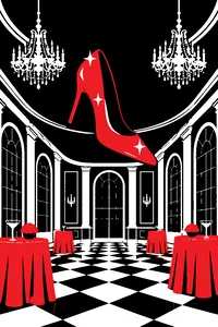 A single glittery high-heeled shoe flying through the air at a crowded fashion party under chandeliers.