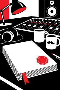 A thick legal document with a red seal on a mixing desk beside two coffee mugs, one with a mustache drawn on it.