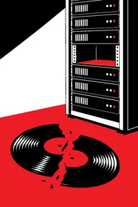 A vinyl record snapped in half on a studio floor next to a streaming server rack with one empty slot.