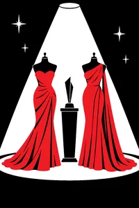 Two glittering gowns on adjacent dress forms under a single spotlight, a golden statuette on a pedestal between them.