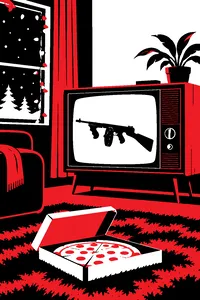 A boxy wood-cabinet television glowing with a black-and-white image of a tommy gun, a cheese pizza box on the shag carpet in front of it, Christmas lights in the window.