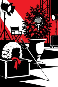 A powdered white wig and a fencing sword resting beside an old carbon microphone hidden in a potted shrub on a 1920s soundstage.