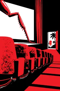 A row of red velvet cinema seats with wires running beneath them, a giant plastic ant leg leaning against the screen, Key West palm trees outside the exit door.