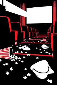 A darkened theater aisle littered with popcorn and cardboard ghost masks, the projector beam cutting through haze toward a blank screen.