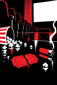A torn golden movie ticket glowing on a sticky cinema floor, a smoking shotgun shell and a tub of popcorn beside it.