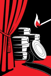 A stack of nitrate film canisters piled behind a velvet cinema curtain, a lit match hovering near the reels, red banners glowing in the dark.