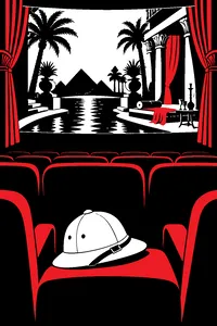 A pith helmet resting on an empty seat in a 1930s movie palace, the screen behind it showing an Egyptian nightclub set in silver light.