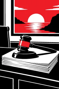 A courtroom gavel resting on a stack of screenplay pages, a cartoonish happy-ending sunset painted on the wall behind it.