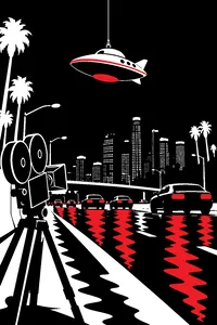 A shoebox-sized alien spaceship model dangling from fishing line over a rainy Los Angeles freeway at night, a handheld camera on the shoulder.