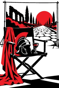 A Roman centurion helmet and a goblet of drugged wine on a director's chair, a painted backdrop of the Appian Way behind it.