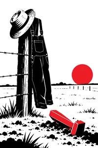 A dusty straw hat and a pair of overalls hung on a fence post in an empty field, a golden award statuette knocked over in the dirt below.