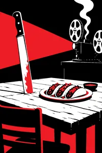 A large machete stuck upright in a wooden table beside a plate of tacos, a projector reel smoking in the background.