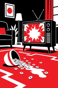 An old television set on a living room carpet showing a cartoon explosion, a bowl of cereal spilled in front of it.
