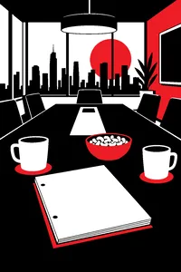 A network executive's conference table with a pilot script, two coffee cups and a bowl of cashews.