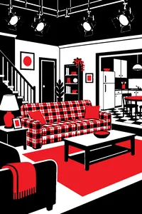 A 1980s sitcom living room set on a soundstage with a plaid couch, a kitchen doorway and stage lights hanging overhead.