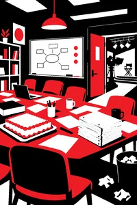 A cluttered TV writers' room with a whiteboard, a sheet cake and a stack of scripts beside a live-show studio door.