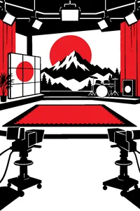 A colorful public-access TV set with a karate mat, a drum kit and a cardboard cutout of a mountain range.