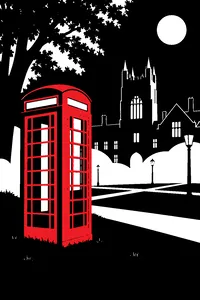 A red British-style telephone booth standing alone on a foggy college campus lawn at night.