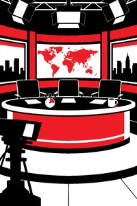 A network news desk with three anchor chairs, a stopwatch and a mug of coffee under bright studio lights.
