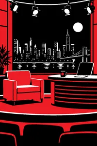 A late-night talk show desk with a coffee mug, a city skyline backdrop and an empty guest chair under hot lights.