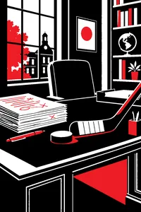 A hockey stick and puck resting on a school headmaster's desk beside a stack of red-pen-covered scripts.