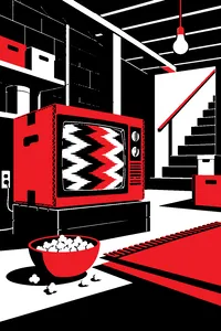 An old cardboard box television in a suburban basement with a flickering screen and a bowl of popcorn on the floor.